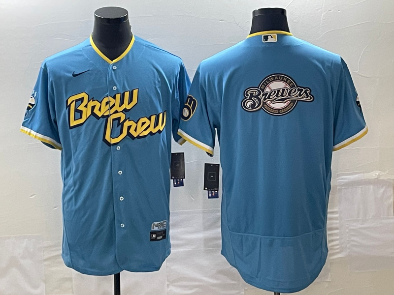 Men's Blue Milwaukee Brewers Powder Team Big Logo City Connect Cool Base Stitched Jersey
